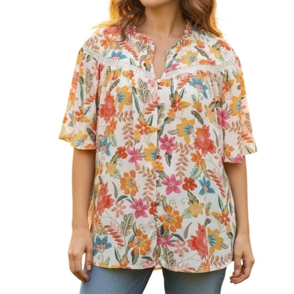 Rose & Olive Floral Button Top Womens Large Multicolor Peasant Boho Blouse